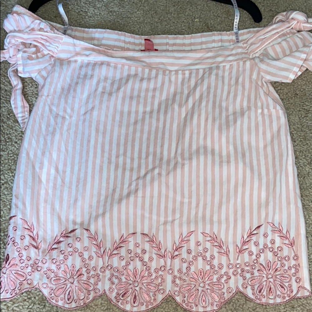 Cropped pink and white off the shoulder tee